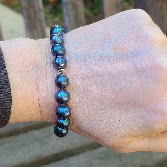 Cultured Freshwater Blue Pearl Stretch Bracelet Silver Separators, 6” - Picture 6 of 6